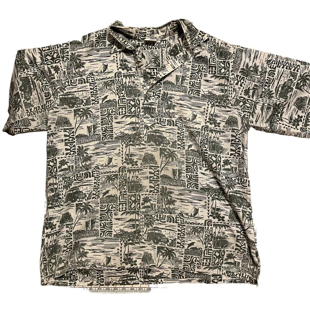 Barefoot in Paradise Green and White Tapa 100% Cotton Men's Hawaiian Shirt XL